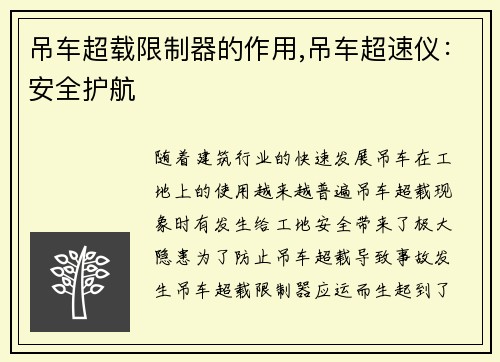 吊车超载限制器的作用,吊车超速仪：安全护航