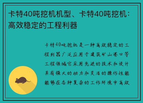 卡特40吨挖机机型、卡特40吨挖机：高效稳定的工程利器