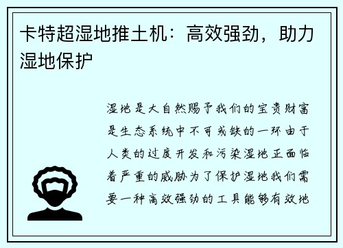 卡特超湿地推土机：高效强劲，助力湿地保护